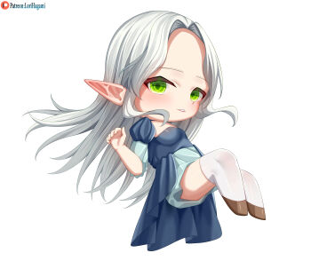  1girl absurdres blue_dress blush breasts chibi commission commissioner_upload dress elf forehead full_body green_eyes hand_up highres long_hair looking_at_viewer lori_hagami official_art parted_bangs parted_lips patreon_logo patreon_username pointy_ears puffy_short_sleeves puffy_sleeves short_sleeves simple_background small_breasts smile solo taael_myrthnddare thighhighs username very_long_hair ways_of_darkness_(series) white_background white_hair white_thighhighs 