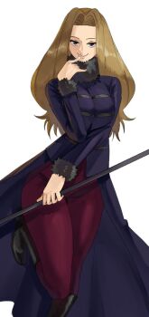  1girl black_boots blonde_hair boots breasts commentary finger_to_mouth fur-trimmed_jacket fur_trim hair_intakes holding holding_staff jacket long_hair long_sleeves looking_at_viewer methode_(sousou_no_frieren) pants purple_eyes purple_jacket red_pants simple_background smile solo sousou_no_frieren staff wanderjegson white_background 