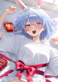  1girl animal_ear_fluff animal_ears bed_sheet blue_hair blush box box_of_chocolates breasts candy chocolate chocolate_heart commentary_request extra_ears food food_in_mouth heart heart-shaped_food highres hikimayu hololive looking_at_viewer lying medium_breasts mouth_hold nyarurato0debu on_back rabbit-shaped_pupils rabbit_ears rabbit_girl red_eyes red_ribbon ribbon shirt short_eyebrows short_hair solo symbol-shaped_pupils t-shirt thick_eyebrows usada_pekora virtual_youtuber white_shirt 