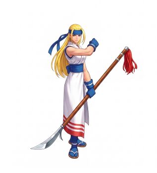 1girl bakumatsu_rouman blonde_hair blue_eyes female_focus full_body gloves headband holding holding_weapon japanese_clothes kimono long_hair naginata parted_bangs polearm sandals smile solo spear transparent_background weapon yuki_(last_blade)