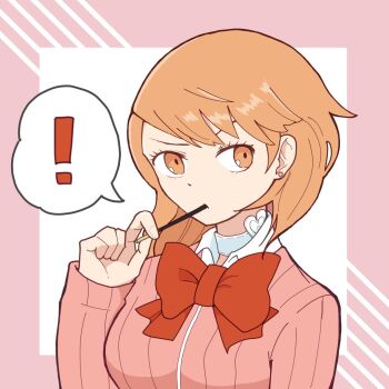  ! 1girl bow bowtie brown_eyes brown_hair cardigan choker commentary_request earrings flipped_hair food food_in_mouth gekkoukan_high_school_uniform heart heart_choker holding holding_food holding_pocky jewelry long_sleeves looking_at_viewer moko0143 persona persona_3 pink_cardigan pocky pocky_in_mouth red_bow red_bowtie ribbed_cardigan school_uniform shirt short_hair solo spoken_exclamation_mark stud_earrings takeba_yukari upper_body white_shirt wing_collar 