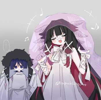 1boy 1girl aiguillette angel_wings arms_at_sides bags_under_eyes black_hair blunt_bangs blunt_ends blush bow bowtie center-flap_bangs clenched_hand closed_eyes closed_mouth clothing_cutout coat coat_on_head colored_inner_hair columbina_(genshin_impact) cowlick crystal dress eye_mask eyelashes facing_viewer fatui_coat feathered_wings fur_hood gem genshin_impact hair_between_eyes hair_intakes hair_ornament hair_ribbon hair_tubes hands_up head_wings headwear_switch hood hood_up hooded_coat japanese_clothes kariginu kimono lapels large_bow long_hair long_sleeves looking_at_another mask monochrome_background multicolored_hair musical_note open_clothes open_coat open_hand open_mouth pelvic_curtain pink_gemstone pink_veil purple_eyes purple_hair purple_kimono purple_sleeves red_hair ribbon scaramouche_(genshin_impact) scaramouche_(kabukimono)_(genshin_impact) shoulder_cutout sleeveless sleeveless_dress tress_ribbon twitter_username umigasa veil very_long_hair white_bow white_bowtie white_coat white_dress white_mask white_ribbon white_sleeves white_wings wing_hair_ornament wings winter_clothes winter_coat wispy_bangs wrist_bow x_hair_ornament