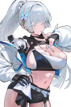  1girl absurdres alternate_costume alternate_hairstyle black_shorts breasts colored_eyelashes commentary goddess_of_victory:_nikke high_ponytail highres hood_(james_x) idol_clothes jacket large_breasts long_hair looking_at_viewer micro_shorts mole mole_on_breast mole_under_eye navel nayuta_(nikke) panty_straps ponytail shorts sideboob sidelocks solo thick_eyelashes unusually_open_eyes white_eyelashes white_hair white_jacket 