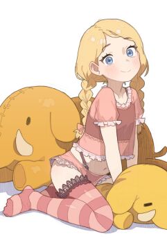  1girl arm_support baraag blonde_hair blue_eyes blush bow braid closed_mouth commentary commentary_request english_commentary flat_chest frilled_sleeves frills from_side full_body hair_bow highres kneeling leaning_forward linnea_(baraag) loli long_hair looking_at_viewer looking_to_the_side low_twintails mixed-language_commentary navel no_shoes panties pink_bow pink_panties pink_shirt pink_thighhighs possummachine see-through_clothes see-through_shirt shirt short_sleeves simple_background smile solo striped_clothes striped_thighhighs stuffed_animal stuffed_elephant stuffed_toy thighhighs twin_braids twintails underwear white_background 