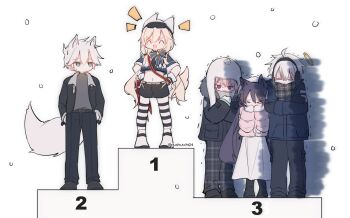  >_< 2girls 3boys ^_^ adnachiel_(arknights) ahoge animal_ears ansel_(arknights) arknights black_jacket black_shorts blonde_hair blue_bow blue_eyes bow cardigan_(arknights) cardigan_(cheerful_guardian)_(arknights) cat_ears closed_eyes coat commentary crop_top dog_ears dog_girl dress earmuffs english_commentary fox_boy fox_ears fox_tail full_body fur-trimmed_sleeves fur_trim gloves goggles goggles_on_head grey_pants grey_scarf grey_shirt halo hands_in_pockets hands_on_own_hips hat highres jacket laughing looking_at_another melantha_(arknights) midriff mittens multiple_boys multiple_girls navel pants plaid_clothes plaid_pants plaid_scarf podium purple_hair pushu scarf shirt short_hair short_sleeves shorts simple_background snowing steward_(arknights) striped_clothes striped_thighhighs tail thighhighs tilted_halo traditional_halo trembling twitter_username unamused white_background white_dress white_gloves white_hair white_hat winter_clothes winter_coat 