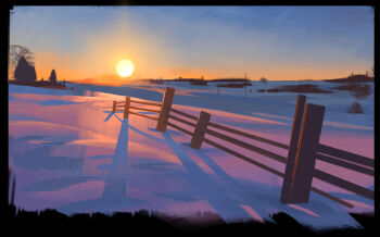  black_border blue_sky border commentary english_commentary fence gjb870216 gradient_sky no_humans orange_sky original scenery shadow sky snow sun sunset winter wooden_fence 