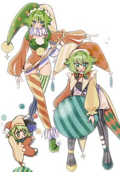  alternate_costume asymmetrical_legwear balancing ball detached_sleeves green_eyes green_hair gumi hat highres jester jester_cap jester_costume leotard peedee_(pidi) short_hair_with_long_locks thighhighs uneven_legwear vocaloid wide_sleeves 