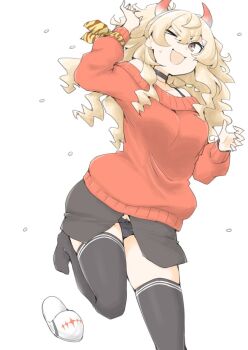  1girl akara_kai black_panties black_skirt black_thighhighs blonde_hair bow bow_panties breasts commentary_request gradient_horns grey_eyes hair_ornament highres horns jewelry kantai_collection long_hair looking_at_viewer minneapolis_(kancolle) minneapolis_(setsubun)_(kancolle) multicolored_horns off-shoulder_sweater off_shoulder official_alternate_costume one_eye_closed panties red_sweater sandals setsubun skirt slippers smile solo standing standing_on_one_leg sweater thighhighs two_side_up underwear unworn_slippers wavy_hair white_background 