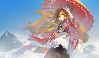  1girl animal_ears apron arknights black_hakama blonde_hair chinese_commentary commentary feihuanjiang fox_ears fox_girl fox_tail frilled_apron frills green_eyes hairband hakama holding holding_umbrella japanese_clothes kimono kitsune long_hair long_sleeves multiple_tails official_alternate_costume oil-paper_umbrella outdoors pink_kimono red_hairband red_umbrella skirt solo suzuran_(arknights) suzuran_(yukibare)_(arknights) tail umbrella waist_apron white_apron 
