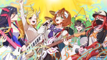  5girls ahoge animal_hood anno_akira anno_syura arm_up arms_up artist_request baseball_cap black_choker black_hair black_mask blonde_hair blue_hair brown_hair choker closed_mouth commentary_request dragon_girl dragon_horns dragon_musume_ni_naritakunai! drum drum_set drumsticks duel_masters green_eyes green_hoodie guitar hair_between_eyes hair_ornament harusaki_eiku hat highres holding holding_drumsticks holding_guitar holding_instrument holding_microphone holding_plectrum hood hood_up hoodie horns hoshi_feruki instrument jacket keyboard_(instrument) letterman_jacket long_hair microphone multicolored_hair multiple_girls music official_art one_eye_closed open_clothes open_jacket open_mouth orange_eyes orange_hair pink_hair playing_guitar playing_instrument plectrum print_shirt red_hair rudo_thana sharp_teeth shirt short_hair skirt striped_clothes striped_sweater sweater teeth upper_teeth_only white_shirt white_skirt 