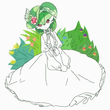  1girl berry_(pokemon) blush blush_stickers bob_cut bush chesto_berry closed_mouth clothed_pokemon colored_skin dress female_focus flat_chest flower frilled_dress frills gardevoir gen_3_pokemon grass green_hair green_hat hair_between_eyes happy hat hat_flower juliet_sleeves leppa_berry light_blush long_dress long_sleeves looking_at_viewer nintendo on_ground oran_berry partially_colored phasis pink_flower pokemon pokemon_(creature) puffy_sleeves red_eyes short_hair sitting smile solo sun_hat white_dress white_skin yellow_flower 