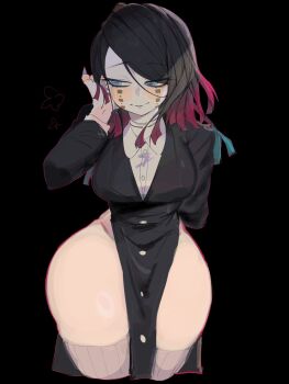  1girl adjusting_hair aqua_eyes aqua_hair aqua_nails arm_behind_back black_dress black_hair blush breasts buttons closed_mouth collared_shirt dress enmu_(kimetsu_no_yaiba) eyelashes facial_mark fingernails genderswap genderswap_(mtf) hand_mouth hand_on_own_ear highleg highleg_dress highres horizontal_pupils impossible_clothes jewelry kimetsu_no_yaiba large_breasts lips looking_to_the_side medium_hair mismatched_pupils multicolored_hair nail_polish narrow_waist narrowed_eyes necklace pelvic_curtain red_hair shirt side_slit skindentation smile solo streaked_hair swept_bangs text_in_eyes thick_thighs thighhighs thighs usa37107692 