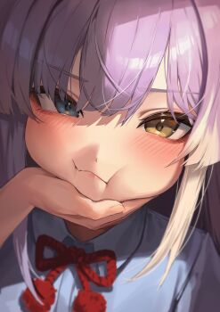  1girl :t absurdres andud_14_(yh) blue_eyes blue_shirt blush commentary fang heterochromia highres long_hair looking_at_viewer multicolored_hair neck_ribbon pink_hair portrait pout puffy_cheeks purple_hair red_ribbon ribbon school_uniform shirt skin_fang solo stellive tenko_shibuki virtual_youtuber yellow_eyes 