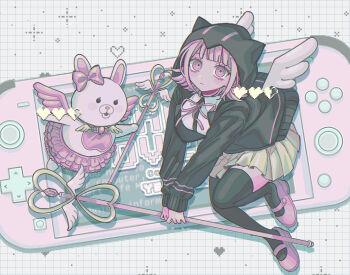  1girl angel_wings animal_hood black_thighhighs blush breasts cat_hood collared_shirt commentary_request danganronpa_(series) danganronpa_2:_goodbye_despair flipped_hair game_over grid_background hair_ornament handheld_game_console heart holding holding_staff hood jacket long_sleeves looking_at_viewer magical_girl medium_hair milk_o nanami_chiaki neck_ribbon open_clothes open_jacket pink_eyes pink_hair pixel_heart playstation_vita pleated_skirt ribbon school_uniform shirt short_hair skirt staff thighhighs usami_(danganronpa) white_shirt wings 