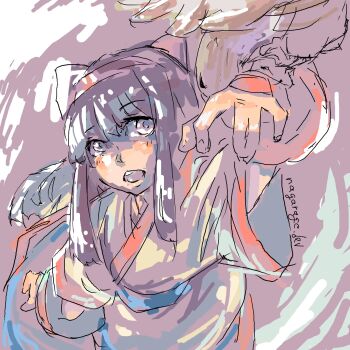 1girl ainu_clothes arm_up artist_name fingerless_gloves from_above gloves hair_ribbon highres legs long_hair looking_at_viewer mamahaha nakoruru oekaki open_mouth purple_eyes purple_hair ribbon samurai_spirits snk teeth the_king_of_fighters thighs tongue