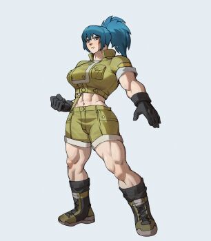  1girl blue_eyes blue_hair boots breasts encariah encariah1 female_focus gloves huge_breasts large_breasts leona_heidern long_hair military muscular muscular_female pale_skin ponytail the_king_of_fighters thick_thighs thighs  rating:Explicit score:5 user:R212299KOF