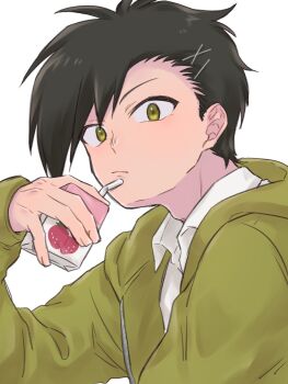  1boy black_hair closed_mouth collared_shirt commentary_request drinking_straw ethan_(pokemon) hair_ornament hand_up highres holding holding_carton hood hood_down hoodie long_sleeves male_focus nintendo pokemon pokemon_adventures shirt short_hair simple_background solo tsukimi_(tkm_516) upper_body white_background white_shirt x_hair_ornament 
