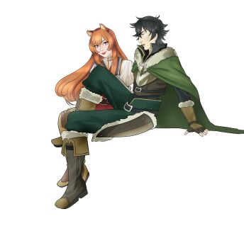  1boy 1girl absurdres animal_ear_fluff animal_ears arm_support armor belt black_belt black_hair black_shirt boots breastplate brown_belt brown_boots brown_gloves brown_hair brown_shirt cloak closed_mouth collared_dress collared_shirt commentary dress elbow_gloves english_commentary fingerless_gloves floating_hair fur-trimmed_armor fur-trimmed_boots fur-trimmed_cloak fur-trimmed_gloves fur_trim gloves green_cloak green_eyes green_pants high_collar highres iwatani_naofumi knee_boots layered_dress leather_armor leg_up lips long_hair long_sleeves looking_at_viewer martyna-chan messy_hair pants pink_eyes pinstripe_dress pinstripe_pattern raccoon_ears raccoon_girl raphtalia red_dress shirt short_hair simple_background sitting sleeveless sleeveless_dress smile straight_hair tassets tate_no_yuusha_no_nariagari thigh_boots two-tone_dress v-shaped_eyebrows white_background white_dress 