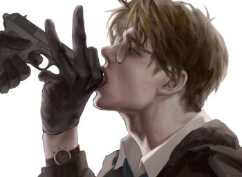 1boy 1other ambiguous_gender america_(hetalia) at_gunpoint axis_powers_hetalia black_gloves blonde_hair blue_eyes cmesl_(lin2932) collared_shirt commentary_request dated finger_on_trigger glasses gloves gun handgun highres holding holding_gun holding_weapon implied_yaoi male_focus open_mouth out_of_frame sexually_suggestive shirt simple_background simulated_handjob solo_focus watch weapon white_background wristwatch 