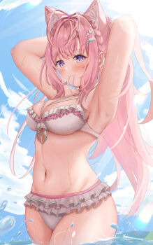  1girl absurdres animal_ear_fluff animal_ears armpits arms_behind_head arms_up bare_shoulders beach bikini blush bow braid breasts cleavage closed_mouth collarbone commentary_request extra_ears frilled_bikini frilled_thigh_strap frills hair_between_eyes hair_bow hair_ornament hair_tie_in_mouth hakui_koyori hakui_koyori_(summer) highres hololive large_breasts long_hair long_sleeves looking_at_viewer mouth_hold multicolored_eyes multiple_hair_bows navel outdoors pink_eyes pink_hair pink_tail purple_eyes sasamin short_hair side_braid smile solo swimsuit tail thigh_strap thighs twin_braids upper_body virtual_youtuber water white_bikini wolf_ears wolf_girl wolf_tail 