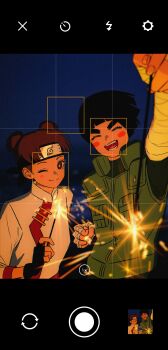  1boy 1girl ;) absurdres bandaged_arm bandages black_gloves black_hair blush blush_stickers bowl_cut brown_hair clenched_hand closed_eyes closed_mouth double_bun fake_phone_screenshot fake_screenshot fingerless_gloves fireworks flak_jacket forehead_protector gloves hair_bun headband highres holding holding_fireworks jacket konohagakure_symbol long_sleeves looking_at_viewer m0_mo_momo naruto_(series) naruto_shippuuden one_eye_closed rock_lee shirt short_hair smile sparkler teeth tenten_(naruto) thick_eyebrows upper_body white_shirt 