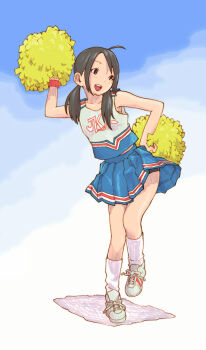  1girl :d arm_up bare_shoulders blue_background brown_eyes brown_hair cheerleader female_focus gradient_background highres low_twintails open_mouth pleated_skirt pom_pom_(cheerleading) skirt sleeveless smile socks solo standing standing_on_one_leg tessaku_ro tetsuro_ito twintails white_socks  rating:Sensitive score:11 user:yanderecs2nd