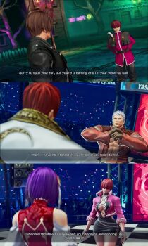  2girls 4boys asamiya_athena brown_hair chris_(kof) dialogue_box kusanagi_kyou multiple_boys multiple_girls purple_hair red_hair rivalry shermie_(kof) snk the_king_of_fighters the_king_of_fighters_xv white_hair yagami_iori yashiro_nanakase  rating:General score:1 user:Toraji99