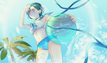  1girl ball beach beachball bishoujo_senshi_sailor_moon blue_eyes blue_hair blue_sailor_collar highres holding holding_ball holding_beachball koya midriff mizuno_ami navel palm_tree panties sailor_collar sailor_mercury sailor_moon_narikiri_bra_set solo thick_thighs thighs tree underwear 