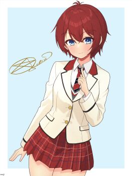  1girl 82k_mugi blazer blue_background blue_eyes border character_signature closed_mouth cowboy_shot diagonal-striped_clothes diagonal-striped_necktie hair_down hand_up hashtag-only_commentary high_schoolmate_(idolmaster) highres idolmaster idolmaster_million_live! idolmaster_million_live!_theater_days index_finger_raised jacket julia_(idolmaster) lapels looking_at_viewer necktie notched_lapels official_alternate_costume outside_border plaid_clothes plaid_skirt pleated_skirt red_hair red_skirt short_hair simple_background skirt smile solo standing striped_clothes white_border white_jacket 