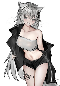  1girl absurdres animal_ears arknights black_jacket black_shorts breasts collarbone commentary english_commentary grey_eyes hair_ornament hairclip highres jacket lappland_(arknights) long_hair material_growth medium_breasts midriff oripathy_lesion_(arknights) parallel_hairclips revision scar scar_across_eye scar_on_face shorts simple_background solo strapless sweat tail tube_top wawamachi white_background wolf_ears wolf_girl wolf_tail 