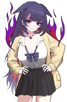  1girl animal_ears black_skirt breasts cardigan cleavage closed_mouth collared_shirt earrings eyelashes fantomyu fire gyaru hands_on_own_hips highres hisuian_typhlosion jewelry large_breasts long_hair long_sleeves looking_at_viewer makeup multicolored_hair multiple_rings necklace nintendo open_cardigan open_clothes personification pleated_skirt pokemon purple_hair red_eyes red_hair ring shirt simple_background skirt solo white_background white_shirt yellow_cardigan 