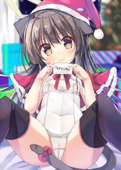  1girl absurdres alternate_color_school_swimsuit animal_ears black_hair black_thighhighs blurry blurry_background blush bow breasts brown_eyes cameltoe capelet cat_ears cat_girl cat_tail closed_mouth depth_of_field dot_nose female_focus fur-trimmed_capelet fur-trimmed_headwear fur_trim hat head_tilt highres holding holding_paper loli long_hair looking_at_viewer neck_ribbon neko_pan old_school_swimsuit one-piece_swimsuit original paper red_bow red_capelet red_ribbon ribbon santa_hat school_swimsuit sitting small_breasts solo spread_legs swimsuit tail tail_bow tail_ornament thighhighs translation_request white_one-piece_swimsuit 