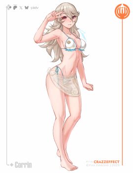  1girl alternate_costume armpits artist_logo bare_arms bare_legs barefoot bikini bluesky_logo breasts commentary crazzeffect dated english_commentary female_corrin_(fire_emblem) fire_emblem fire_emblem_fates frilled_bikini frills full_body grey_hair grin highleg highleg_bikini highres logo long_hair looking_at_viewer medium_breasts nintendo patreon_logo pixiv_logo red_eyes sarong see-through_clothes see-through_sarong side-tie_bikini_bottom sideboob smile solo standing stomach swimsuit twitter_x_logo v v_over_eye white_background white_bikini 