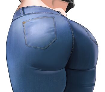 1girl ass ass_focus bellone close-up denim highres jeans jujutsu_kaisen median_furrow midriff pants simple_background solo tsukumo_yuki_(jujutsu_kaisen) white_background rating:Sensitive score:237 user:danbooru