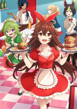  2boys 4girls absurdres alternate_costume amber_(genshin_impact) animal_ears ankoro barbara_(genshin_impact) blonde_hair bow bowtie breasts brown_eyes brown_hair burger closed_mouth collei_(genshin_impact) dark-skinned_male dark_skin eyepatch food fox_ears french_fries genshin_impact glass gloves green_hair green_shirt hair_between_eyes hair_ornament hair_ribbon highres holding holding_plate jean_(genshin_impact) kaeya_(genshin_impact) long_hair looking_at_viewer maid multicolored_hair multiple_boys multiple_girls open_mouth plate ponytail purple_eyes red_bow red_bowtie red_ribbon red_shirt ribbon shirt smile tighnari_(genshin_impact) white_shirt  rating:General score:11 user:danbooru