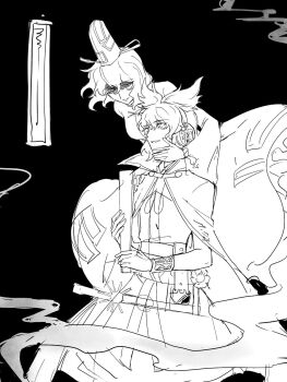  2girls bracelet cape commentary dress earmuffs ghost_tail greyscale hat highres holding jewelry long_sleeves monochrome multiple_girls open_mouth pointy_hair ritual_baton shaded_face sheath sheathed shirt skirt smile soga_no_tojiko spice_(ftsyume) tate_eboshi touhou toyosatomimi_no_miko wide_sleeves 