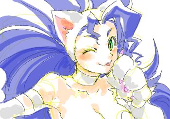  1girl ;3 animal_ears animal_hands bad_drawr_id bad_id big_hair blue_hair breasts cat_ears cat_girl cat_paws collarbone darkstalkers felicia_(darkstalkers) green_eyes hagiya_kaoru long_hair medium_breasts one_eye_closed simple_background solo tongue tongue_out upper_body white_background 