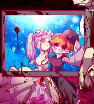  1girl 2018 2girls alternate_costume bare_shoulders black_dress black_hat blood blood_on_clothes blood_on_phone bloody_clothes bloody_dress bloody_marie_(skullgirls) blue_sky bonnet bouquet bride cellphone clenched_hand collar commentary constricted_pupils cyborg detached_collar dress extra_eyes flower flustered foreshortening framed frilled_dress frills gloves grey_hair grin groom hair_ornament hat head_tilt holding holding_phone hug korean_commentary light_blush light_smile mechanical_arms multiple_girls necktie no_pupils orange_hair parted_bangs peacock_(skullgirls) phone picture_frame pout purple_flower purple_rose red_eyes red_necktie red_sky restrained rose selfie sharp_teeth sidelocks skull_hair_ornament skullgirls sky smile standing taking_picture tareme teeth top_hat twintails u_sihoo white_collar white_dress white_gloves 