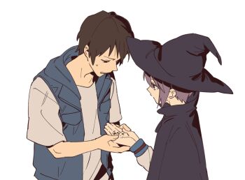  1boy 1girl black_cloak black_hat blue_jacket casual cloak hat highres holding_hands jacket kita_high_school_uniform kkoo7 kyon nagato_yuki open_clothes open_jacket purple_hair school_uniform shirt short_hair simple_background sleeveless sleeveless_jacket suzumiya_haruhi_no_yuuutsu white_background white_shirt winter_uniform witch_hat 