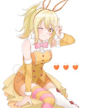  1girl absurdres animal_ear_hairband animal_ears blonde_hair blush bow bowtie breasts buttons center_frills collared_shirt double-breasted fake_animal_ears frills hairband heart highres looking_at_viewer love_live! love_live!_nijigasaki_high_school_idol_club medium_breasts medium_hair mismatched_thighhighs miyashita_ai mochi_(15_ricecake) multicolored_thighhighs orange_eyes orange_hairband orange_shirt orange_shorts pink_bow pink_bowtie pink_thighhighs ponytail rabbit_ear_hairband rabbit_ears shirt short_shorts shorts sidelocks simple_background sitting sleeveless sleeveless_shirt solo split_mouth striped_clothes striped_thighhighs thighhighs two-tone_thighhighs v v_over_head white_background white_thighhighs yellow_thighhighs 