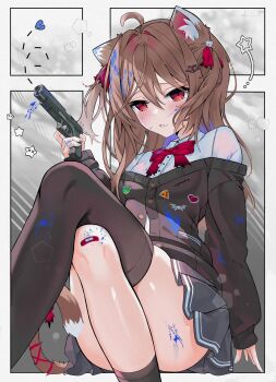  1girl ahoge animal_ears asymmetrical_legwear bandaid bandaid_on_knee bandaid_on_leg black_cardigan black_skirt black_socks black_thighhighs blue_nails bow bowtie broken_heart broken_heart_hair_ornament brown_hair cardigan cat_ears cat_girl cat_tail commentary crossed_legs dora_pomidora7 dress_shirt english_commentary evil_neuro-sama feet_out_of_frame from_side gun hair_between_eyes hair_ornament hair_ribbon heart highres holding holding_gun holding_weapon long_hair long_sleeves looking_at_viewer miniskirt nail_polish neuro-sama off-shoulder_cardigan open_mouth paint_on_body paint_on_clothes pleated_skirt red_bow red_bowtie red_eyes red_ribbon ribbon shirt single_sock single_thighhigh sitting skirt skull_hair_ornament socks solo tail thighhighs two_side_up uneven_legwear vedal_ai virtual_youtuber weapon white_shirt 