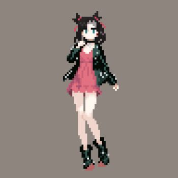  1girl black_boots black_choker black_jacket boots castlebear choker commentary_request dress full_body green_eyes grey_background hair_ribbon hand_up jacket looking_at_viewer marnie_(pokemon) nintendo no_mouth pink_dress pixel_art pokemon pokemon_swsh ribbon simple_background solo thighs twintails 