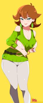  1girl absurdres aqua_eyeshadow artist_name belt blue_eyes breasts brown_hair clothes_pull clothing_cutout collarbone earrings eyeshadow flipped_hair green_sweater hair_between_eyes highres hip_vent honey_(pokemon) jewelry large_breasts leaf_earrings leaning_forward long_sleeves makeup nintendo o-ring o-ring_belt pants pink_lips pokemon pokemon_swsh r3dfive short_hair shoulder_cutout solo sweater sweater_pull white_pants 