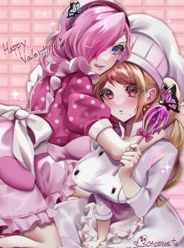  2girls akaakasa0215 apron baking blunt_bangs breasts brown_hair bug butterfly cake charlotte_pudding chef_hat dress drill_hair earrings food hair_over_one_eye happy_birthday hat hug insect jewelry large_breasts licking_lips multiple_girls one_piece open_mouth pink_dress pink_hair polka_dot polka_dot_dress short_hair sweat tongue tongue_out twintails vinsmoke_reiju 