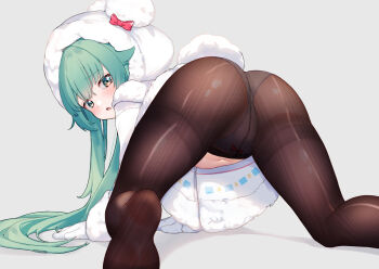  1girl all_fours animal_ears ass black_pantyhose blue_archive blush bow cameltoe cleft_of_venus coat crotch_seam dress fake_animal_ears fake_tail from_behind fur-trimmed_coat fur-trimmed_hood fur_trim fuyukawa_(kogimiwa64338) gloves green_eyes green_hair grey_background highres hood hood_up hooded_coat loli long_hair long_sleeves looking_at_viewer looking_back momiji_(blue_archive) navel no_shoes open_mouth panties panties_under_pantyhose pantyhose pussy see-through_clothes see-through_legwear simple_background soles solo tail thighband_pantyhose underwear white_coat white_gloves white_panties 
