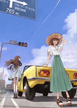  2girls arm_up artist_name blue_sky breasts brown_hair car commentary_request contrail convertible dated day floating_hair green_eyes green_skirt hat highres honda honda_s800 idolmaster idolmaster_million_live! idolmaster_million_live!_theater_days jewelry kitazawa_shiho long_hair long_skirt motor_vehicle multiple_girls necklace open_mouth outdoors sakuramori_kaori sandals shimady24 shirt skirt sky sports_car standing sun_hat triangle_mouth white_shirt yellow_car 