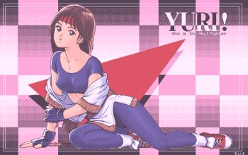  1990s_(style) 1girl archived_source arm_support artist_name brown_eyes brown_hair character_name checkered_background coat commentary_request crop_top dithering drop_shadow earrings fingerless_gloves full_body fur-trimmed_coat fur_trim gloves hand_on_own_arm headband inset_border jewelry knee_up long_hair looking_at_viewer lying necklace off_shoulder on_side original pantyhose parted_lips pc-98_(style) pink_background pixel_art purple_gloves purple_pantyhose purple_shirt red_headband red_shoes retro_artstyle shirt shoes short_sleeves signature socks solo stud_earrings teiku_(take) title triangle very_long_hair white_coat white_socks 