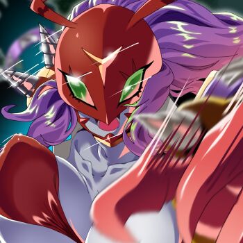  1girl absurdres banchostingmon banchou bouncing_breasts breasts bug colored_skin commentary_request delinquent digimon digimon_(creature) genderswap genderswap_(mtf) gerusyu green_eyes highres insect_wings large_breasts long_hair open_mouth red_carapace shoulder_spikes solo spikes unaligned_breasts wings 