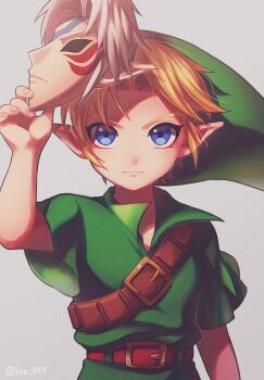  1boy belt blonde_hair blue_eyes determined fierce_deity green_hat green_shirt hat link loz_017 male_focus mask nintendo pointy_ears shirt the_legend_of_zelda the_legend_of_zelda:_majora's_mask unworn_mask young_link  rating:Sensitive score:20 user:danbooru