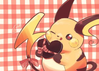  box box_of_chocolates brown_eyes closed_mouth gen_1_pokemon heart highres holding licking licking_lips nintendo no_humans one_eye_closed pokemon pokemon_(creature) pokemon_focus raichu ribbon smile solo takap_oekaki tongue tongue_out valentine 